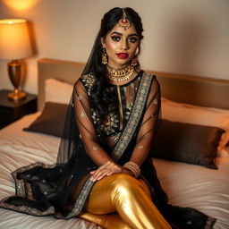 A young Indian woman showcasing stunning bridal makeup while dressed in tight golden leggings and a stylish black transparent kurta