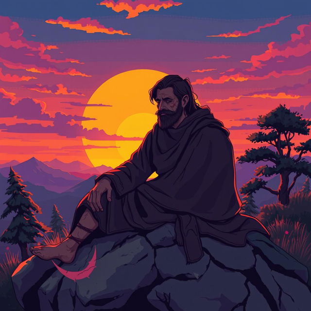 A tired, wounded cultist wearing tattered robes sits on a large rock, gazing at a vibrant sunset with hues of orange, purple, and pink filling the sky