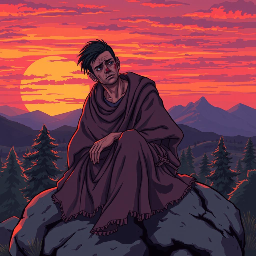 A tired, wounded cultist wearing tattered robes sits on a large rock, gazing at a vibrant sunset with hues of orange, purple, and pink filling the sky