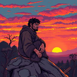 A tired, wounded cultist wearing tattered robes sits on a large rock, gazing at a vibrant sunset with hues of orange, purple, and pink filling the sky