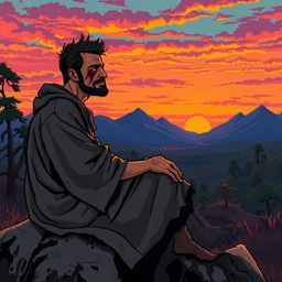 A tired, wounded cultist wearing tattered robes sits on a large rock, gazing at a vibrant sunset with hues of orange, purple, and pink filling the sky