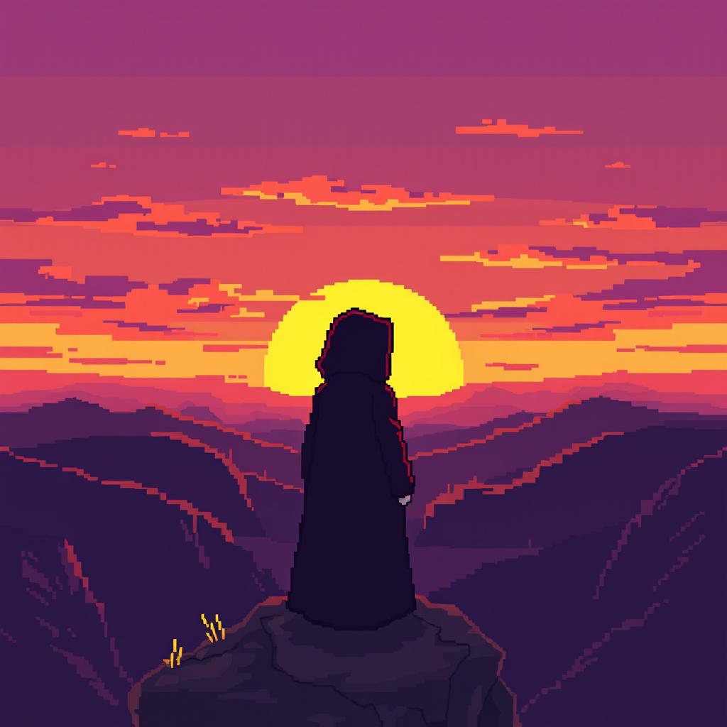 A simple pixel art scene featuring a cultist character standing on a cliff, gazing at a majestic sunset