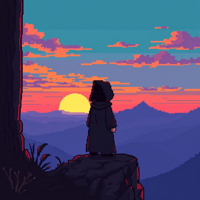 A simple pixel art scene featuring a cultist character standing on a cliff, gazing at a majestic sunset