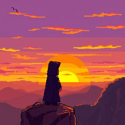 A simple pixel art scene featuring a cultist character standing on a cliff, gazing at a majestic sunset