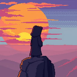 A simple pixel art scene featuring a cultist character standing on a cliff, gazing at a majestic sunset
