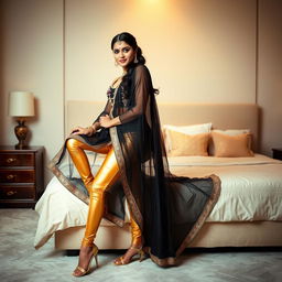 A young Indian woman with stunning bridal makeup stands elegantly near a bed