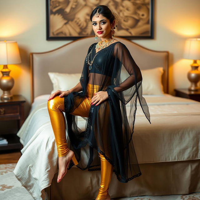 A young Indian woman with stunning bridal makeup stands elegantly near a bed