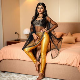 A young Indian woman with stunning bridal makeup stands elegantly near a bed