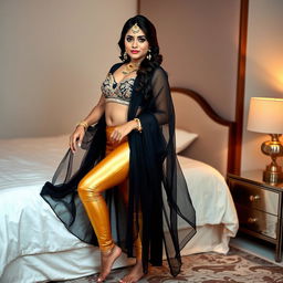 A young Indian woman with stunning bridal makeup stands elegantly near a bed
