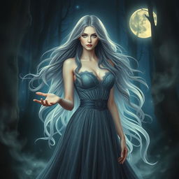 Serena Moon, an intoxicating mystic with long flowing hair, wearing an elegant, shimmering gown that seems to blend with the night sky