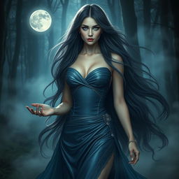 Serena Moon, an intoxicating mystic with long flowing hair, wearing an elegant, shimmering gown that seems to blend with the night sky