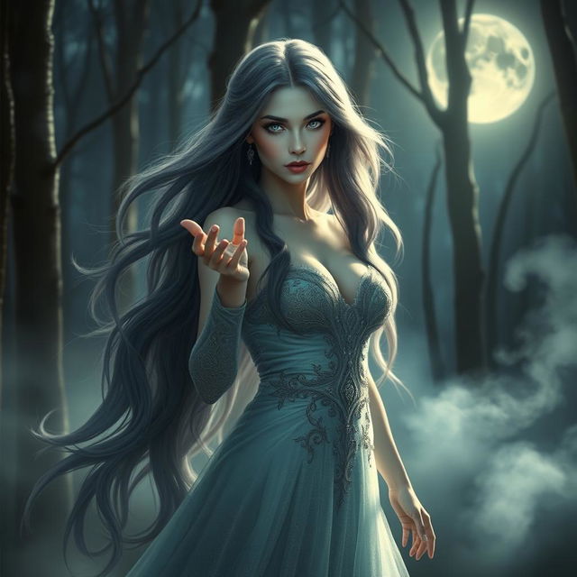 Serena Moon, an intoxicating mystic with long flowing hair, wearing an elegant, shimmering gown that seems to blend with the night sky