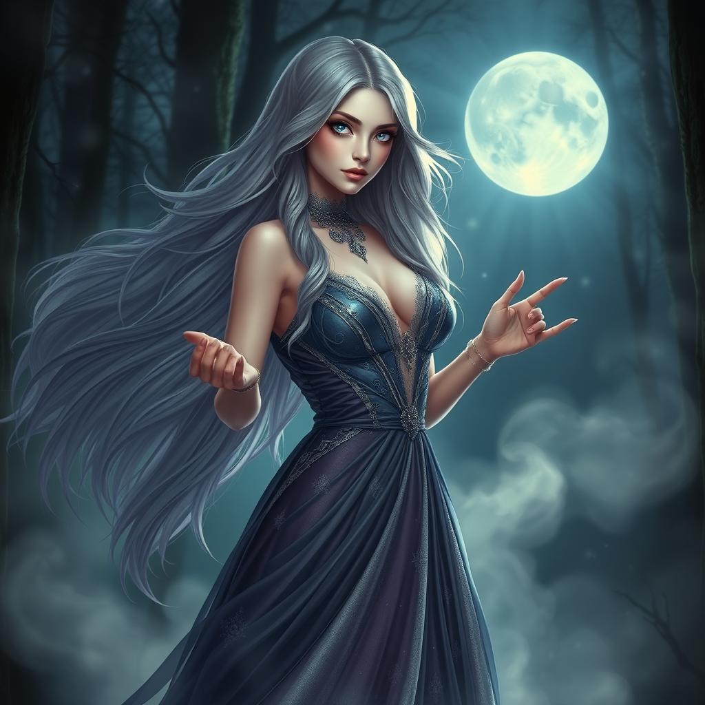 Serena Moon, an intoxicating mystic with long flowing hair, wearing an elegant, shimmering gown that seems to blend with the night sky