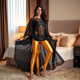 A young Indian woman dressed in stylish tight golden leggings and a flowing black transparent kurta stands gracefully near a bed