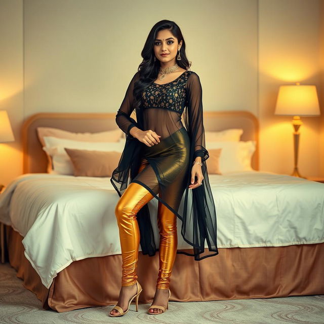 A young Indian woman dressed in stylish tight golden leggings and a flowing black transparent kurta stands gracefully near a bed