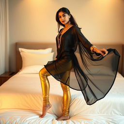 A young Indian woman dressed in stylish tight golden leggings and a flowing black transparent kurta stands gracefully near a bed
