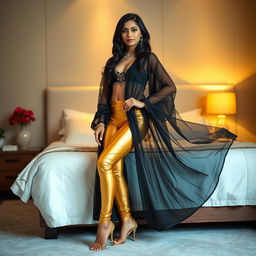 A young Indian woman dressed in stylish tight golden leggings and a flowing black transparent kurta stands gracefully near a bed