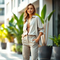 A stylish woman dressed in casual slacks and a front open shirt, exuding confidence and charm