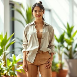 A stylish woman dressed in casual slacks and a front open shirt, exuding confidence and charm