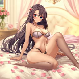 A sensual anime girl with long flowing hair, striking features, and an alluring smile, in a playful doggy pose on a soft, luxurious bedspread