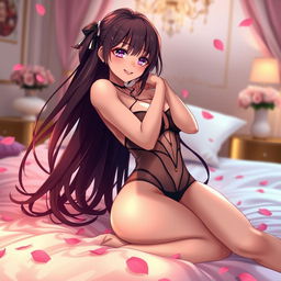 A sensual anime girl with long flowing hair, striking features, and an alluring smile, in a playful doggy pose on a soft, luxurious bedspread