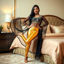 A young Indian woman dressed in stylish tight golden leggings and a flowing black transparent kurta stands gracefully near a bed