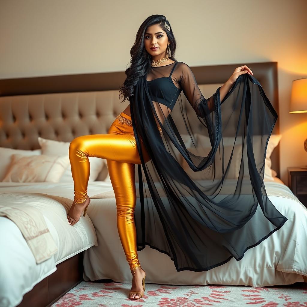 A young Indian woman dressed in stylish tight golden leggings and a flowing black transparent kurta stands gracefully near a bed