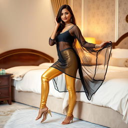 A young Indian woman dressed in stylish tight golden leggings and a flowing black transparent kurta stands gracefully near a bed