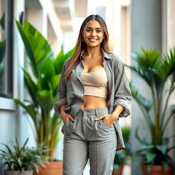 A stylish woman dressed in casual slacks and a front open shirt, accentuating her confident demeanor and curvy figure