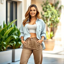 A stylish woman dressed in casual slacks and a front open shirt, accentuating her confident demeanor and curvy figure