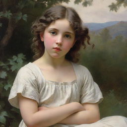 Create an image in the style of William-Adolphe Bouguereau, famous for his incredibly lifelike portraits and sensitive rendition of textures