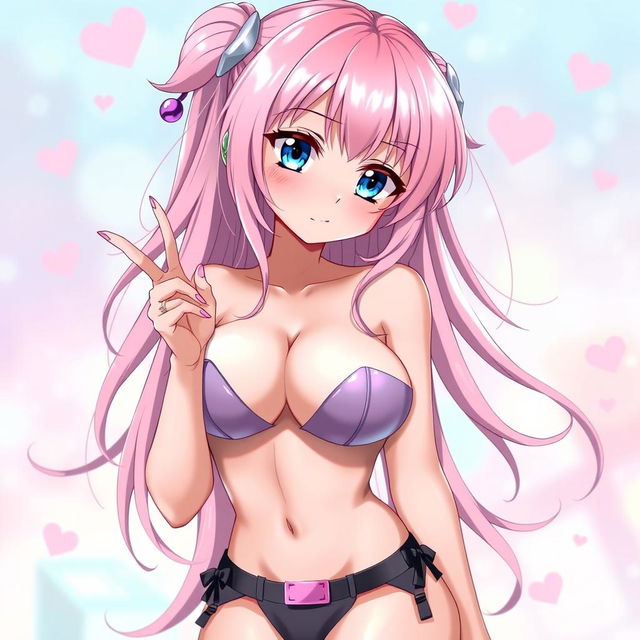 A hot anime girl with long, flowing pink hair and large, expressive blue eyes, wearing a revealing outfit that accentuates her curves