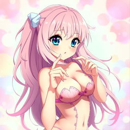 A hot anime girl with long, flowing pink hair and large, expressive blue eyes, wearing a revealing outfit that accentuates her curves