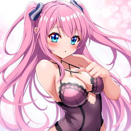 A hot anime girl with long, flowing pink hair and large, expressive blue eyes, wearing a revealing outfit that accentuates her curves
