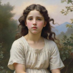 Create an image in the style of William-Adolphe Bouguereau, famous for his incredibly lifelike portraits and sensitive rendition of textures