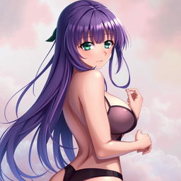 A sensual artistic representation of an alluring anime girl with long, flowing purple hair and captivating green eyes
