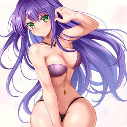 A sensual artistic representation of an alluring anime girl with long, flowing purple hair and captivating green eyes