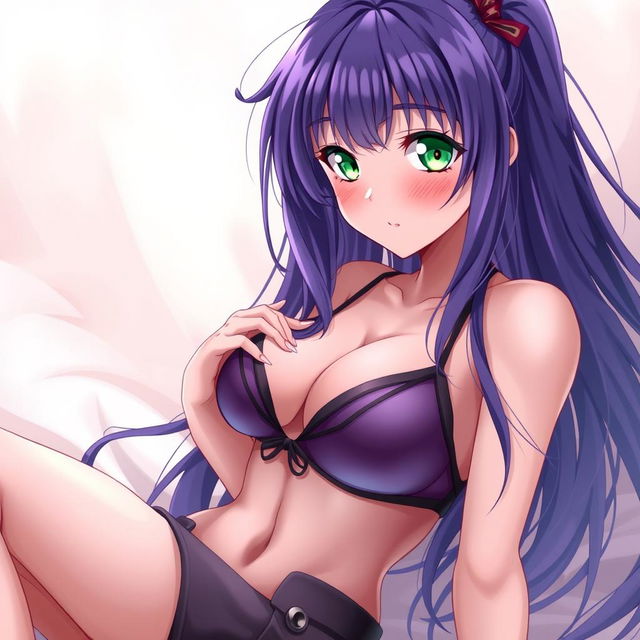 A sensual artistic representation of an alluring anime girl with long, flowing purple hair and captivating green eyes