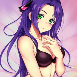 A sensual artistic representation of an alluring anime girl with long, flowing purple hair and captivating green eyes