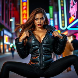 A stunning young woman wearing a tight, shiny black puffer jacket that accentuates her curves and full bosom