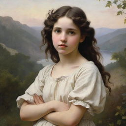 Create an image in the style of William-Adolphe Bouguereau, famous for his incredibly lifelike portraits and sensitive rendition of textures