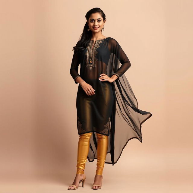 A young Indian woman dressed in stylish tight golden leggings and a flowing black transparent kurta stands confidently against a neutral backdrop