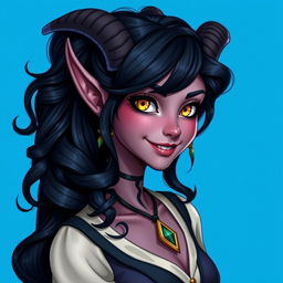 A portrait of a female tiefling standing alone against a vivid blue background