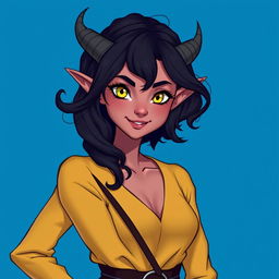 A portrait of a female tiefling standing alone against a vivid blue background