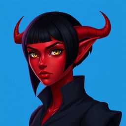 A portrait of a female tiefling with red skin and a sleek black bob haircut