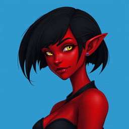 A portrait of a female tiefling with red skin and a sleek black bob haircut