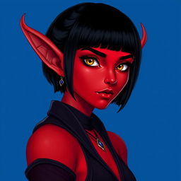 A portrait of a female tiefling with red skin and a sleek black bob haircut