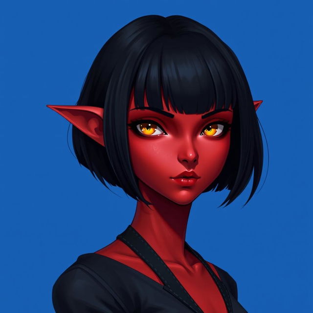 A portrait of a female tiefling with red skin and a sleek black bob haircut