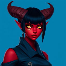 A portrait of a female tiefling with red skin, a sleek black bob haircut, and prominent horns