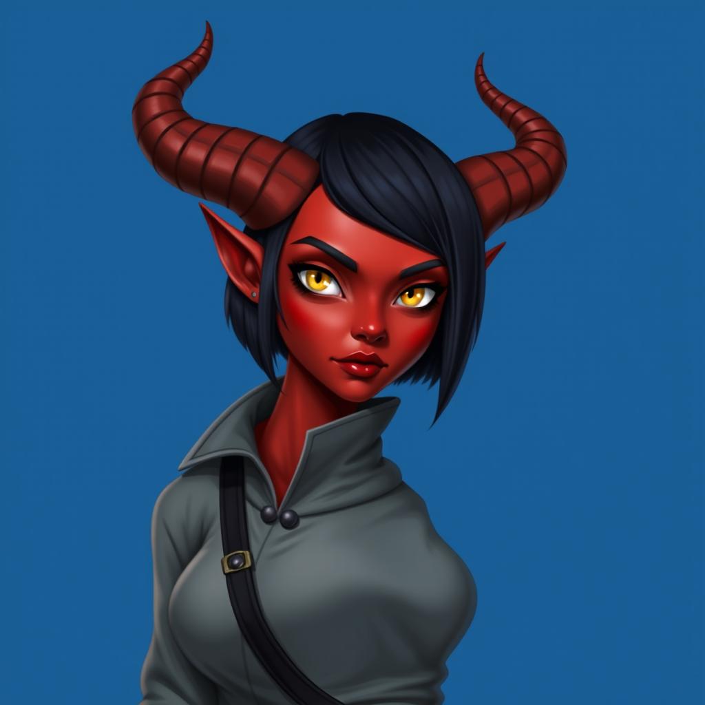 A portrait of a female tiefling with red skin, a sleek black bob haircut, and prominent horns